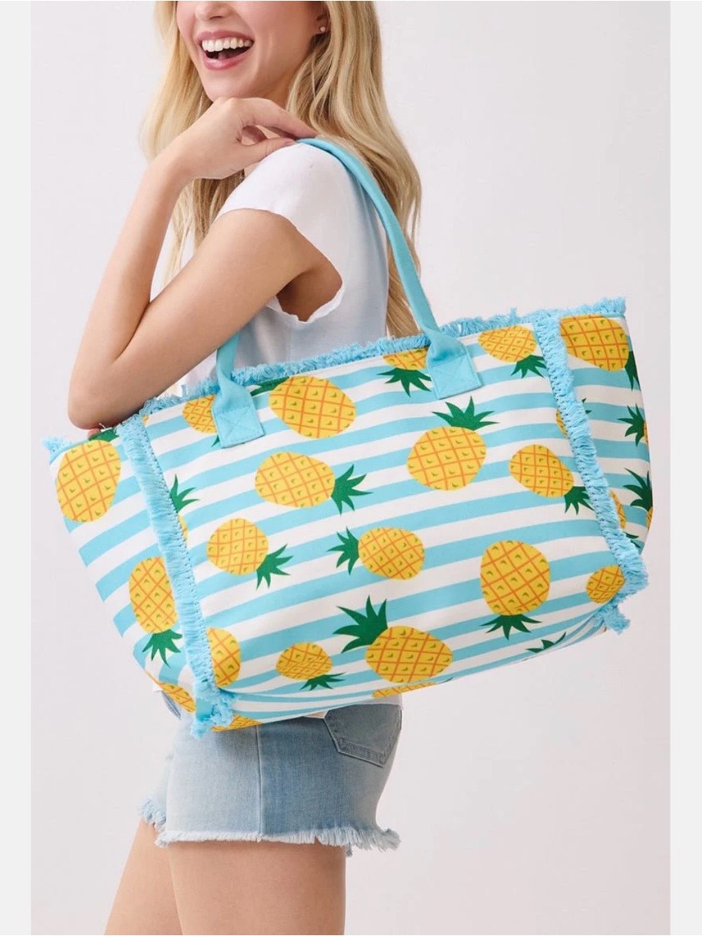 Pineapple punch blue fringe striped tote beach travel bag 🍍🍍🍍